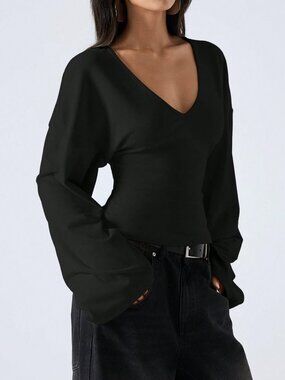 Black Casual Women's Rib-Knit V-Neck Flare Sleeve Slim Fit Long T-Shirt Top